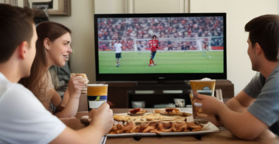 A group of friends gathered around a television, their backs to the camera, engrossed in a soccer game.