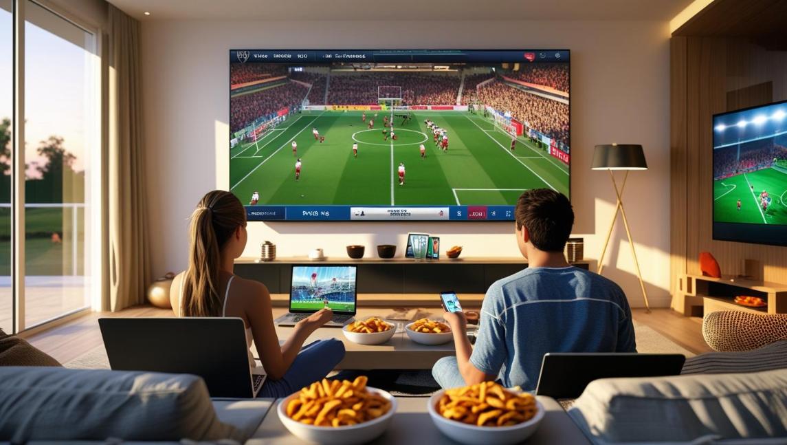 Two friends cheer for football game while tracking crypto on laptops.