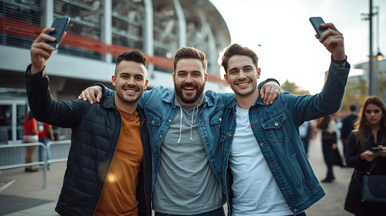 Three adult sports fans celebrating outdoors after match sharing phones smiling together.
