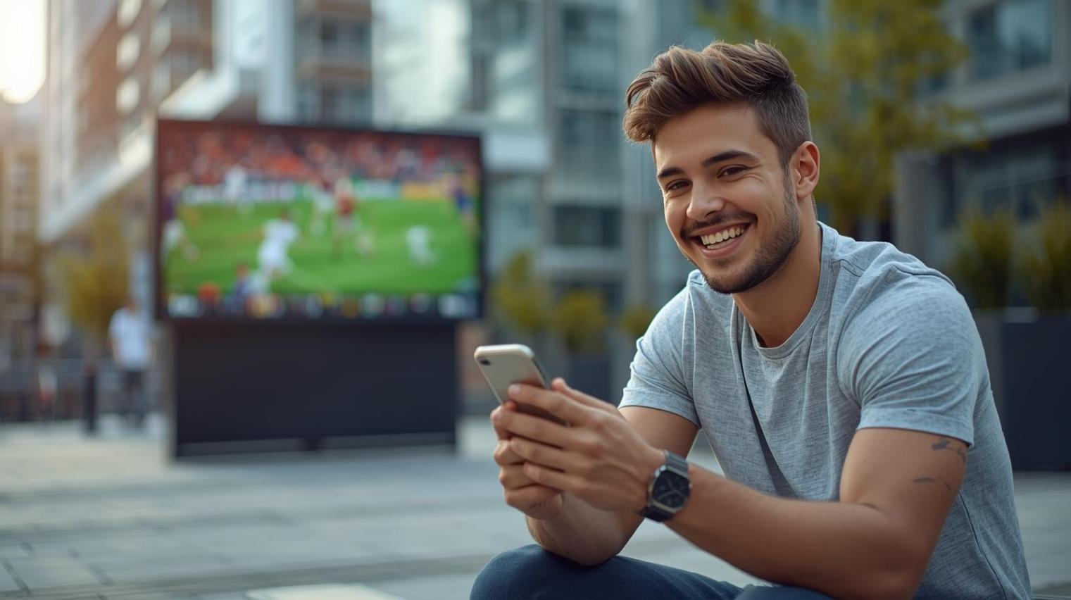 Relaxed sports fan enjoying interactive mobile entertainment outdoors during a lively match atmosphere.