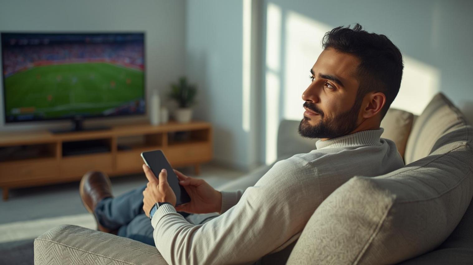 Man calmly watching sports while placing bets on phone at home.