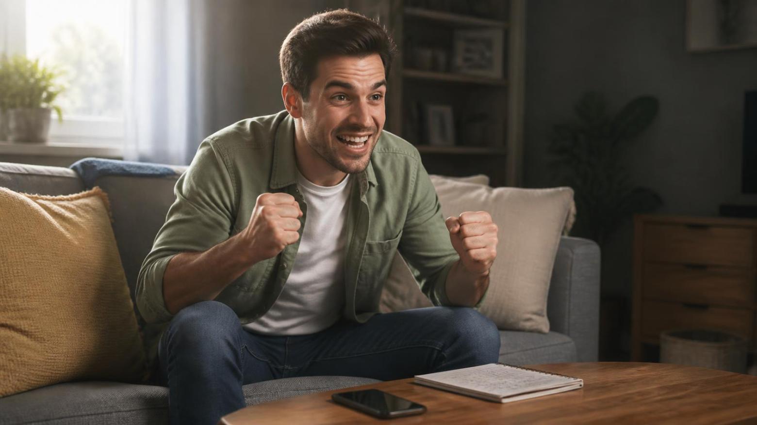 Man watches sports intently on couch, notebook and phone nearby, natural light.